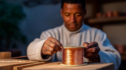 A craftsman hand-winding guitar pickup coils in a quiet workshop, strands of fine copper wire stretched across a vintage bobbin — musical acoustics engineering, hand-built audio hardware, and