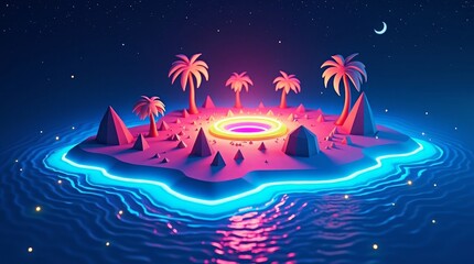 Neon island paradise under starry sky palm trees glowing