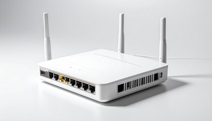 &ldquo;White wireless router with four antennas and multiple Ethernet ports on flat surface&rdquo;