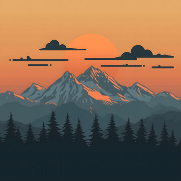 Minimalist flat line art showing calm mountains at sunset with bold black outlines. Burnt orange sky, navy peaks, cream accents, and simple geometric trees and clouds create a peaceful vector scene.