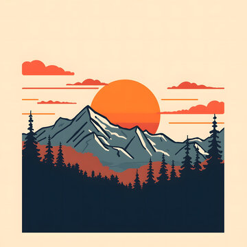 Minimalist flat line art showing calm mountains at sunset with bold black outlines. Burnt orange sky, navy peaks, cream accents, and simple geometric trees and clouds create a peaceful vector scene.