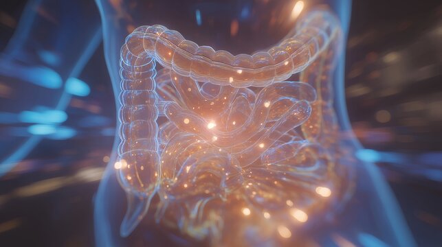 A futuristic gut health laboratory scene with a glowing holographic digestive tract model rotating slowly as AI algorithms evaluate inflammation risks and nutrient absorption &mdash; precision health,
