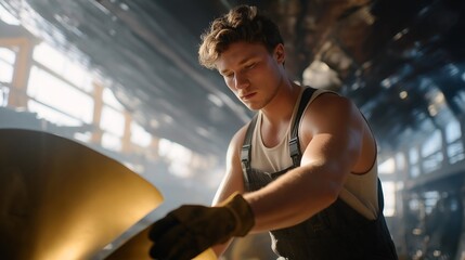 Fototapeta premium A shipbuilder tightening bolts on a giant propeller inside a shipyard hangar, sunlight filtering through high windows onto polished metal — marine engineering, precision craftsmanship, and large