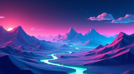Neon mountain river at sunset mountains pink