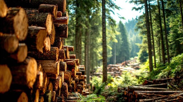 Stacked timber logs in a sunlit forest clearing, showcasing the wood industry - Powered by Adobe