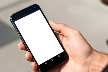 Minimalist Smartphone Mockup Held by Hand with Blank White Screen by generative AI technology