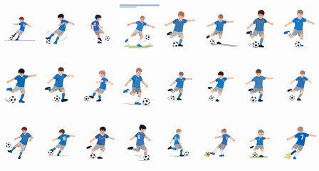Vector set of young boys playing soccer, football players in different action poses for kicking, dribbling, shooting, and passing the ball.