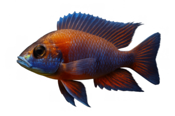 Colorful cichlid fish swimming, vibrant orange and blue scales, exotic aquatic animal on transparent background