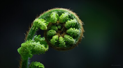 A vibrant green fern fiddlehead unfurling, adorned with tiny water droplets in natural light