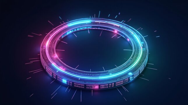 Neon ring with digital patterns and light rays technology - Powered by Adobe