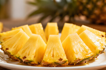 Fresh Pineapple Wedges Neatly Arranged on White Plate by generative AI technology