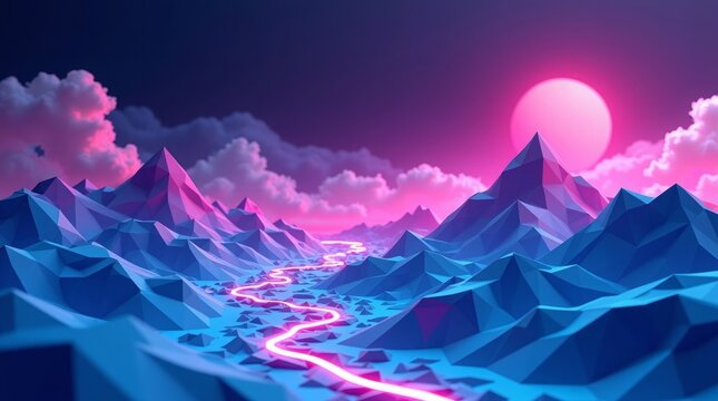 Neon river winding through polygonal mountains at sunset - Powered by Adobe