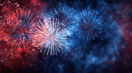 Colorful Fireworks Display in Night Sky with Red and Blue Tones