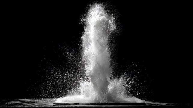 Powerful eruption of white water splashing dynamically against a stark black background