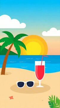 Tropical beach scene illustration with palm tree, ocean, sunset, beverage, sunglasses and relaxing summer vibe in flat design.
