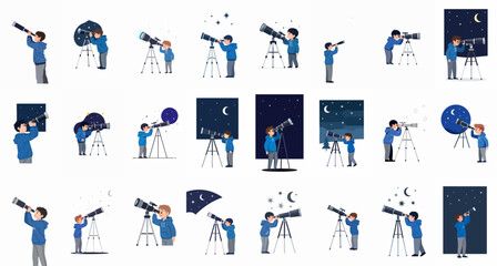 Fototapeta premium Young Boys Looking Through Telescopes Set: Illustrations of Kids Observing the Night Sky, Stars, and Moon, Exploring Astronomy and Science.