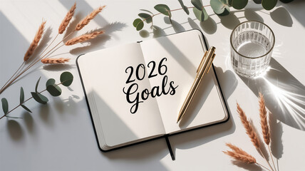 Inspirational 2026 goals notebook flat lay, symbolizing new year aspirations, planning, and future ambitions in a calm, reflective setting with natural decor