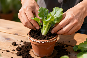 Hands Planting Green Seedling into Terracotta Pot on Wooden Surface by generative AI technology