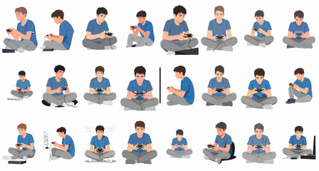 Vector set of young male gamer illustrations in various poses, sitting cross-legged and focused while playing video games with console controllers on the floor. © Sabiqul