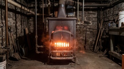 Rustic Old Wood Burning Stove with Glowing Embers in a Dark Stone Basement, Cozy Warmth and Vintage Industrial Atmosphere, Winter Heating Concept