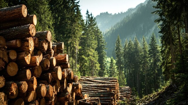 Stacked timber logs in a sun-drenched forest with lush green mountains in the background