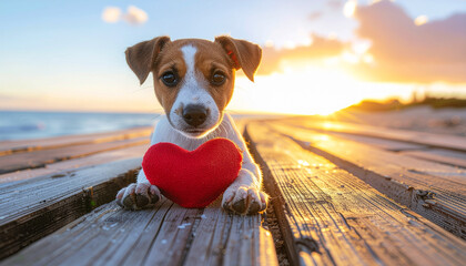 Small dog heart shaped toy wooden planks sunset beach adorable playful sunlight outdoor cute puppy creates heartwarming and joyful scene at beach during golden hour