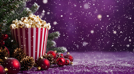 A paper bag of popcorn surrounded by fir branches, pine cones, and Christmas tree baubles against a purple background during a snowfall