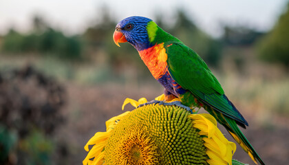 Rainbow lorikeet perched on sunflower head, vibrant tropical bird with colorful plumage, natural outdoor setting, summer sunlight, cheerful and lively atmosphere