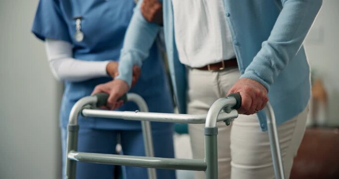 Woman, hands and senior with walker or nurse for mobility, healthcare or assisted living in home. Female person, caregiver or helping patient with balance for walking, movement or physiotherapy