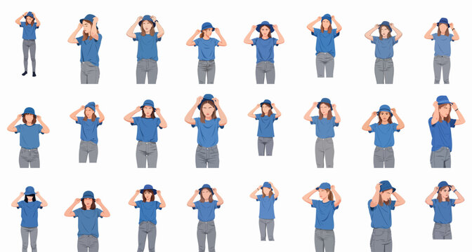 Full-length vector sprite sheet featuring a young woman in blue shirt and grey jeans adjusting various blue hats and headwear, isolated poses for character design.