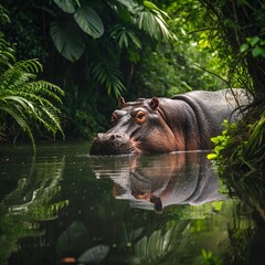 A massive hippopotamus half-submerged in a jungle water pool, reflections, lush plants, high clarity