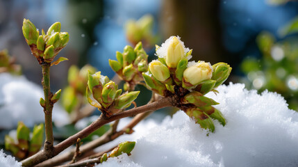 Tree buds opening with snow on ground, seasonal contrast, winter-spring transition, natural cycle, early spring, with copy space