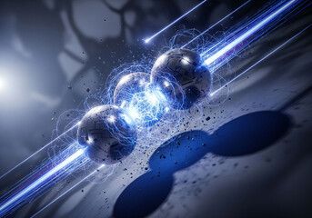 Futuristic technology concept with glowing blue metallic spheres and dynamic energy lines in a dark background