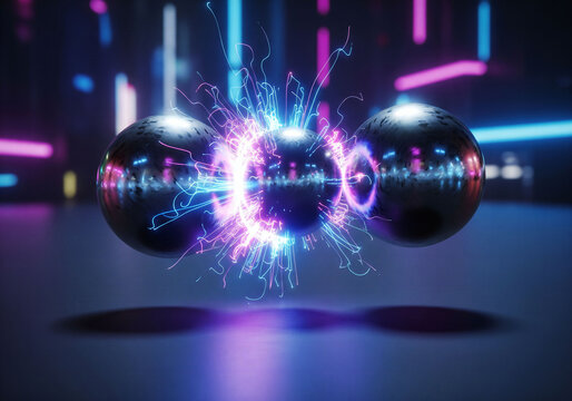 Futuristic atoms colliding with vibrant purple and blue energy sparks