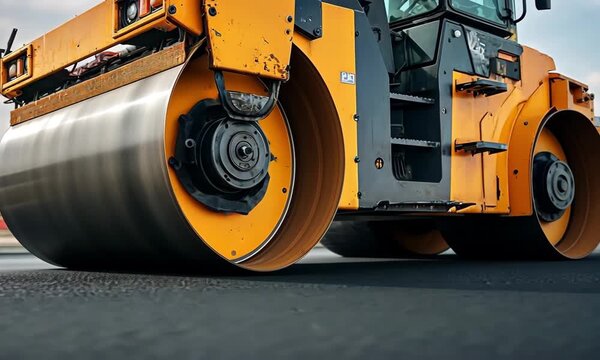 Close-up of a yellow road roller on asphalt construction