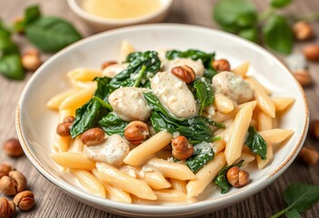 Creamy parmesan sauce coats penne pasta, tender chicken, spinach, and crunchy hazelnuts, pasta, creamy