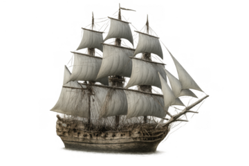 Sailing ship navigating the high seas, an old wooden galleon vessel for maritime adventure and history, transparent background