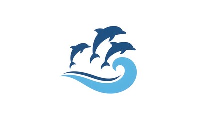 Blue dolphin trio jumping logo, Stylized dolphins leaping over wave, Marine life circular wave emblem