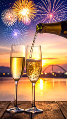 celebration champagne toast with fireworks, 