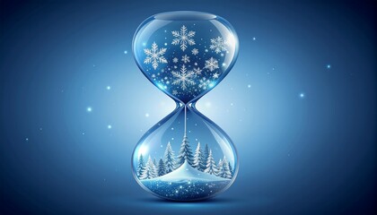 Winter wonderland scene inside an hourglass with snowflakes and pine trees
