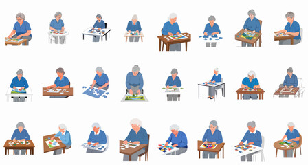 Obraz premium Collection of 24 illustrations featuring senior women engaged in solving jigsaw puzzles, promoting cognitive health, hobby, and leisure activity.