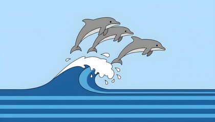 Flat design dolphins jumping over ocean wave, Minimalist sea landscape with dolphins, Cartoon dolphins in blue sea