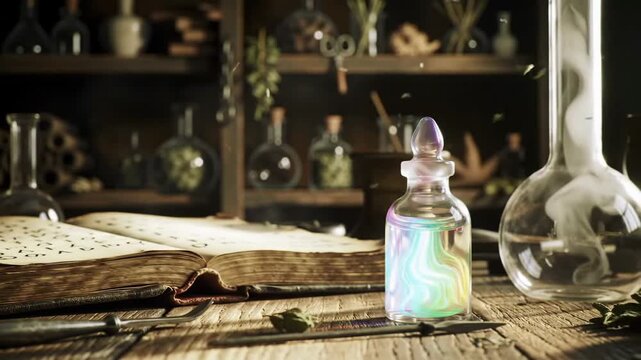 Magical potion in a bottle with swirling colors on a wooden table, in front of a bookcase, for fantasy use