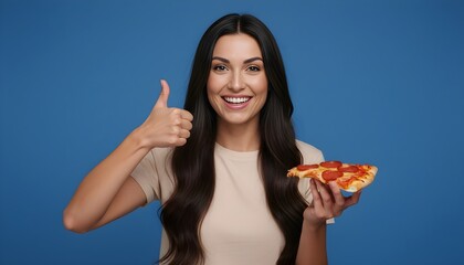 Happy Woman Eating Pizza Portrait, Pizza Satisfaction Thumb Up, Cheerful Girl with Pepperoni Slice