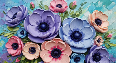  3D Floral Relief Mural wallpaper with Colorful Pastel Anemone Flowers 3D Wall Mural. floral landscapes. 3d floral art, Luxurious textile tile wall art