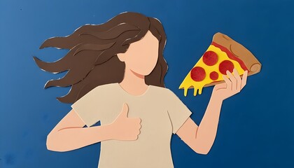 Paper cut art woman eating pizza, Creative pizza satisfaction illustration, Handmade paper craft pizza lover