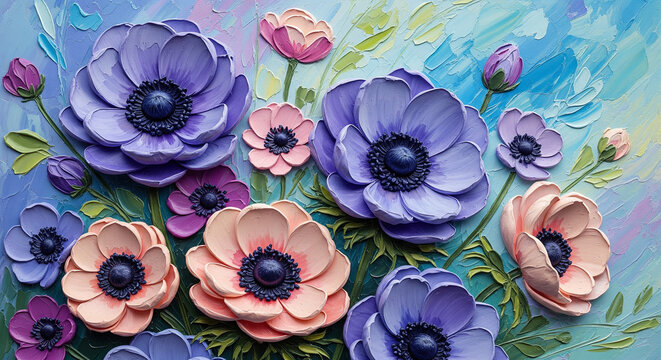  3D Floral Relief Mural wallpaper with Colorful Pastel Anemone Flowers 3D Wall Mural. floral landscapes. 3d floral art, Luxurious textile tile wall art
