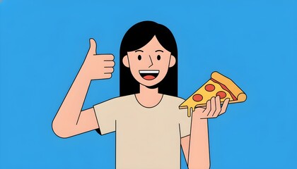 Cartoon girl eating pizza thumb up, Flat vector pizza lover illustration, Happy pizza satisfaction character