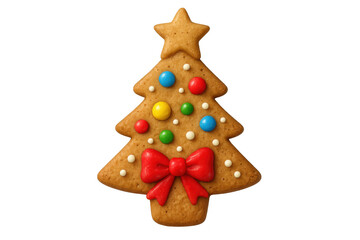 Gingerbread christmas tree cookie, festive holiday season dessert, decorated with colorful candies and a red bow element, transparent background