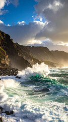 waves crashing on rocky coastline, 